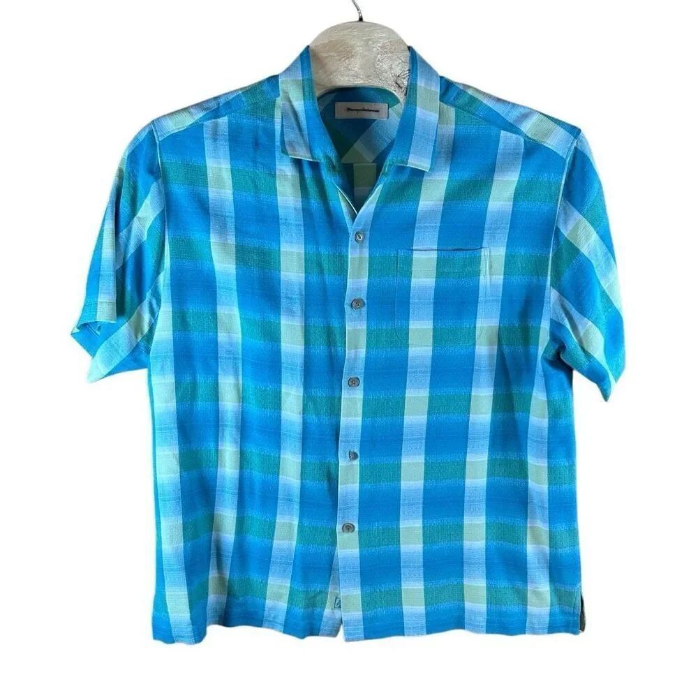 Tommy Bahama XL Costal Plaid 100% Silk Green Yellow Blue Short Sleeve Small stai